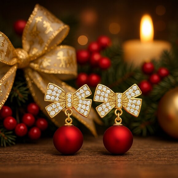 ๐๏ธHoliday Red Ornament Bow Tie Earrings Sparkling Zircon Festive Jewelry Gift - Picture 5 of 16